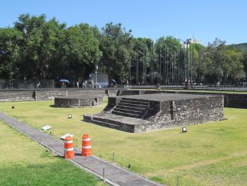 View of the Tlatelolco archaeological zone showing remnants of staircases and temple bases — Mexico City.